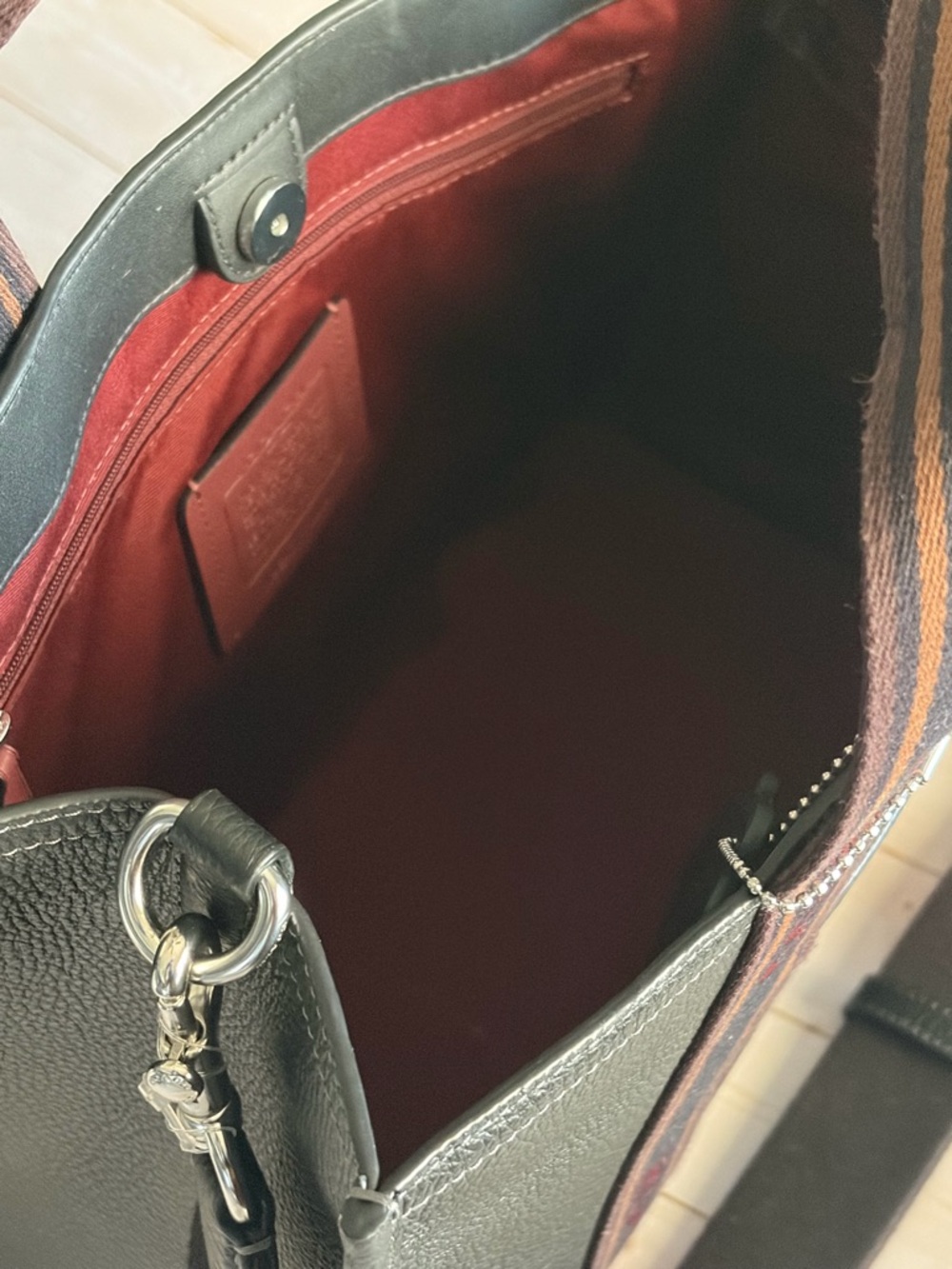 Coach Black Leather Tote with Brown and Red Logo Web Straps - Picture 10 of 10